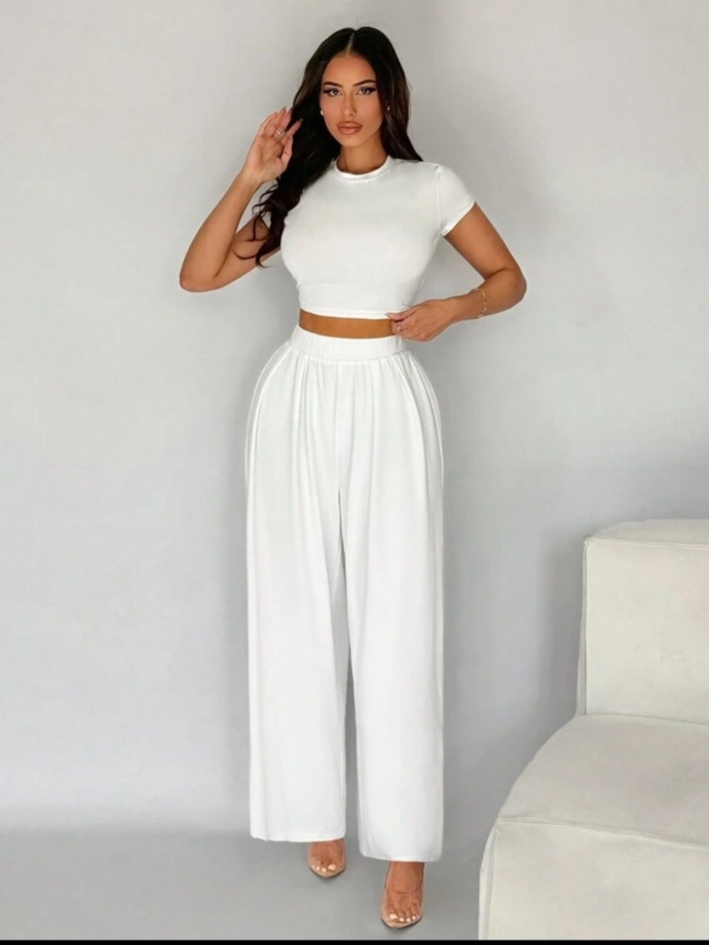 White Slim Fit Cropped Top Wide Leg Pant Set